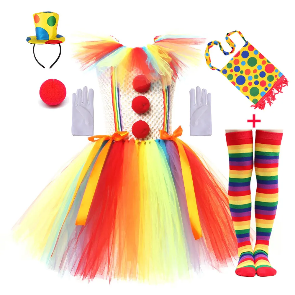 Kids Rainbow Clown Tutu Dress Colorful Tulle Sleeveless Funny Joker Costume Girls Halloween Thriller Clown Cosplay Fancy Outfit