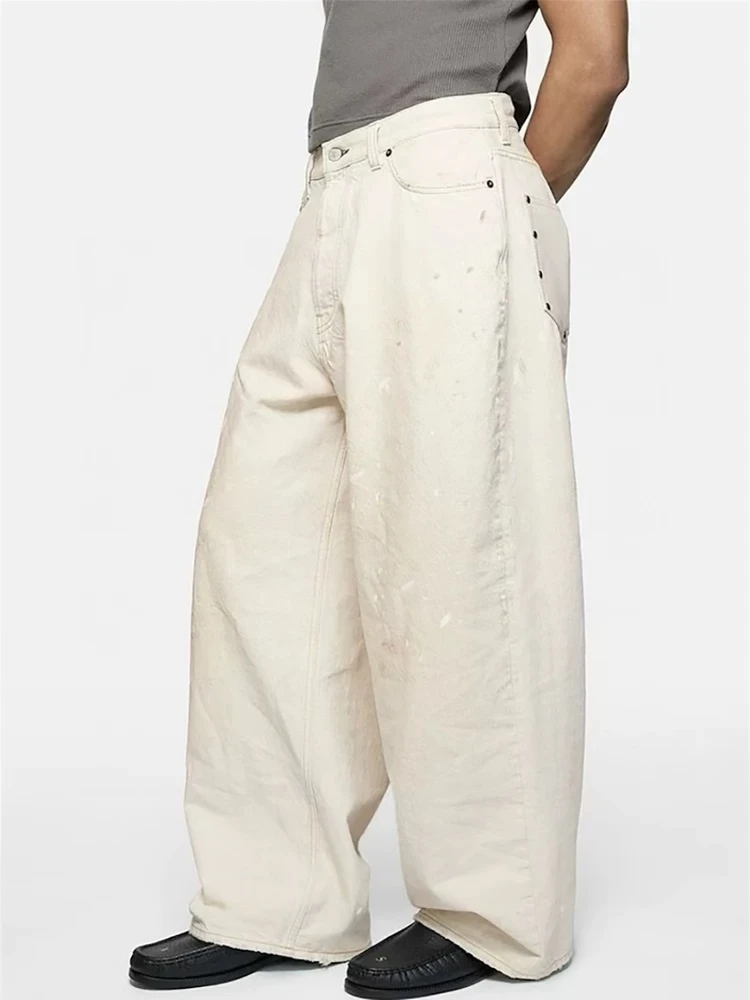 

Мужские джинсы свободного кроя из хлопкового денима в стиле ретро с эффектом брызг грязи, повседневные широкие длинные брюки