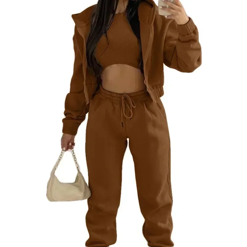 Women Suit Autumn Fashion Solid Color Simple Hooded Long-sleeved Zipper Sweater Sports Casual Pants Three-piece Suit In Waist