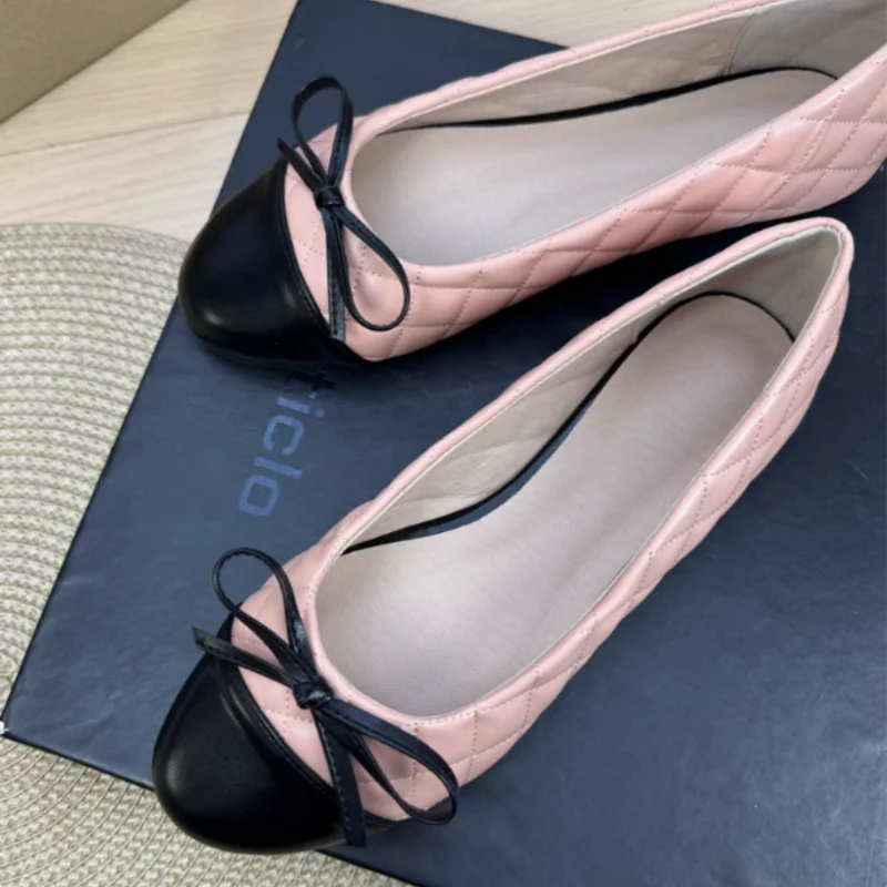 Women Round Toe Checkered Knot Flats Patchwork Shoes Seam Slip-On Soft Bottoms Ballet Footwear Female Plus Sizes 42 43 44 45 48
