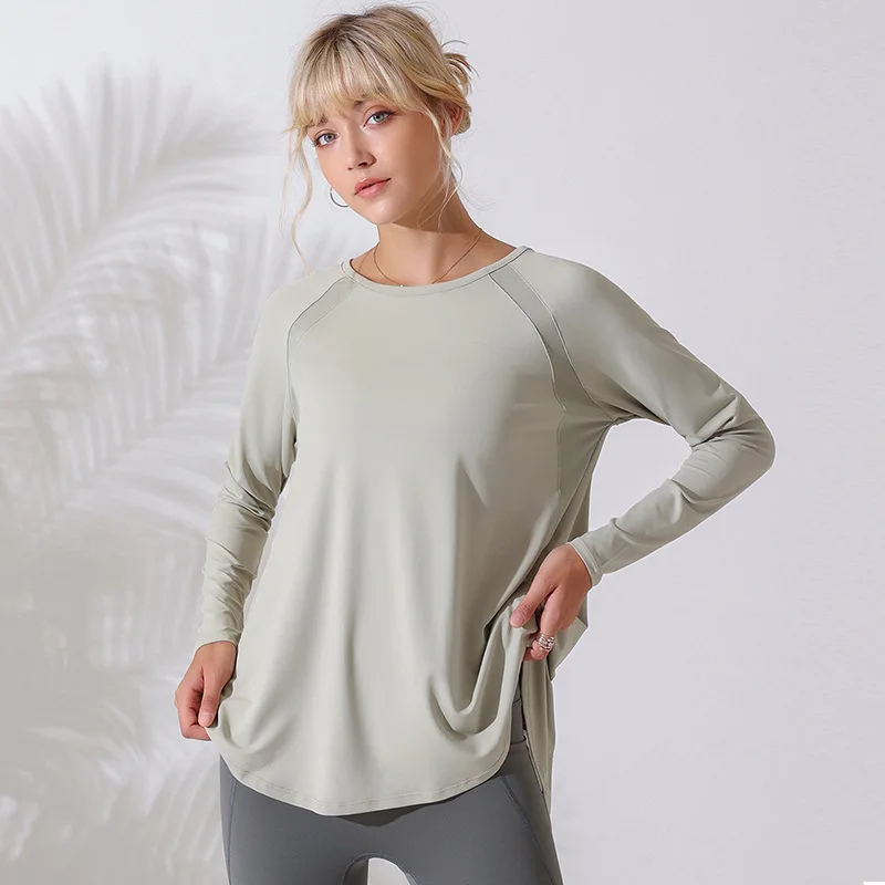 Women Loose Thin Yoga Shirts Long Sleeve Sport T-shirt Forked Running Sweatshirts Mesh Hollow Out Gym Fitness Tops Blouse Female