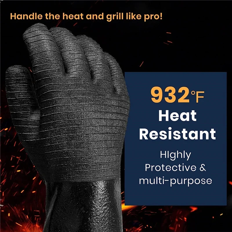 14/17inch BBQ Gloves Neoprene Coating High Temperature Heat Insulation Oil Resistant Long Oven Microwave Barbecue Grill Gloves