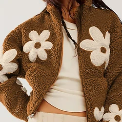 Fall Winter Warm Lamb Woolen Coat Women Fashion Flower Print Zipper Top Cardigan Casual Stand Collar Long Sleeve Jacket Outwears