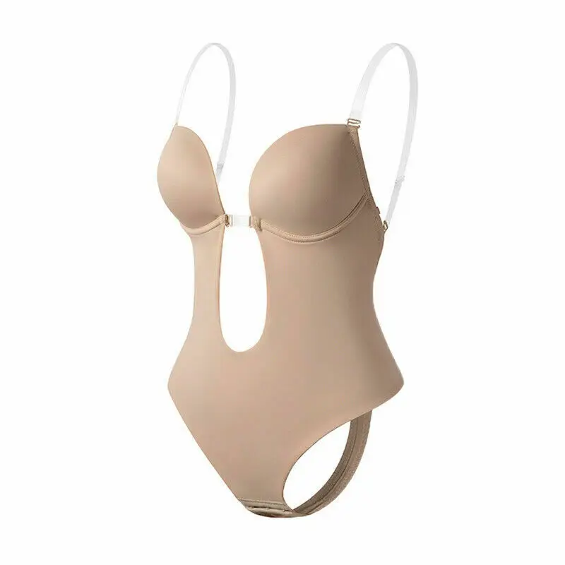 Deep U Plunge Bodysuit sem costura para mulheres, sutiã push up, vestido sem costas tanga, sexy shaper, cueca de festa