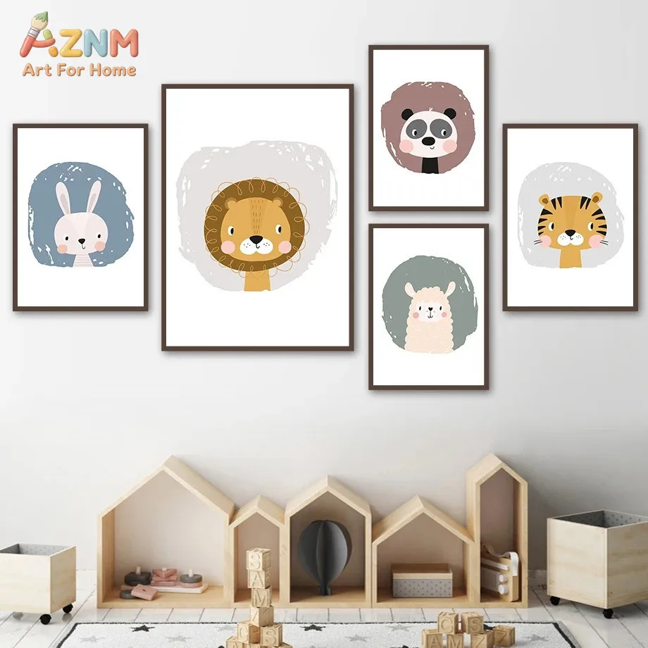 AZNM Cute Cartoon Animal Faces Fox Panda Tiger Giraffe Nursery Canvas Wall Art Print Decor