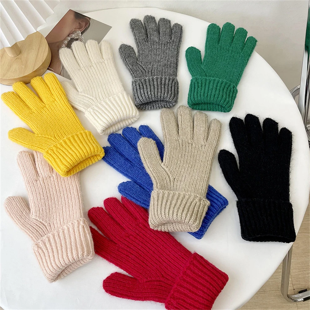 Gants de Couple tricotés en laine pour hommes et femmes, 1 paire, couleur unie, hiver, mitaines pour les doigts, chauffe-mains, épais, cyclisme