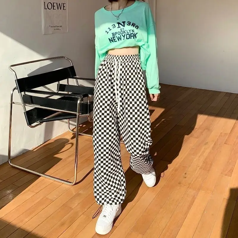 2023 New Spring and Autumn Fashion High Waist Lace Up Black and White Chessboard Loose Casual Straight Leg Wide Leg Pants