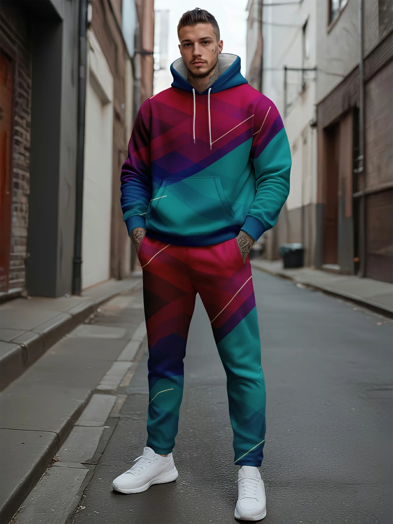 طقم بدلة رياضية بطباعة ثلاثية الأبعاد للرجال سويت شيرت بقلنسوة كاجوال فضفاض من الصوف الدافئ