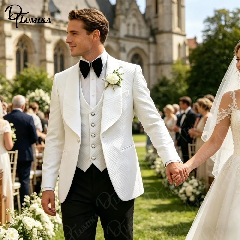 Men's White Textured Tuxedo Suit 2026 One Button Shawl Lapel 3-Piece with Vest Pants for Wedding Groom Prom Business Event