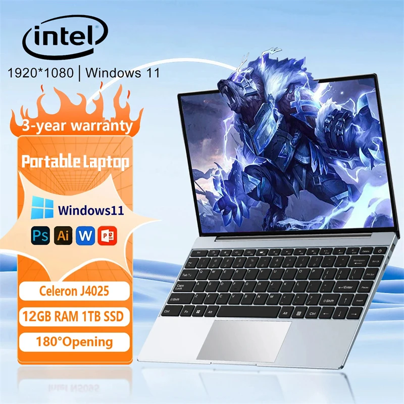 2024 Komputer przenośny Windows 11 Notebook 14,1 cala Intel J4025 12 GB RAM 1 TB SSD 1920 * 1080 Rozdzielczość Biuro Gaming PC notebook