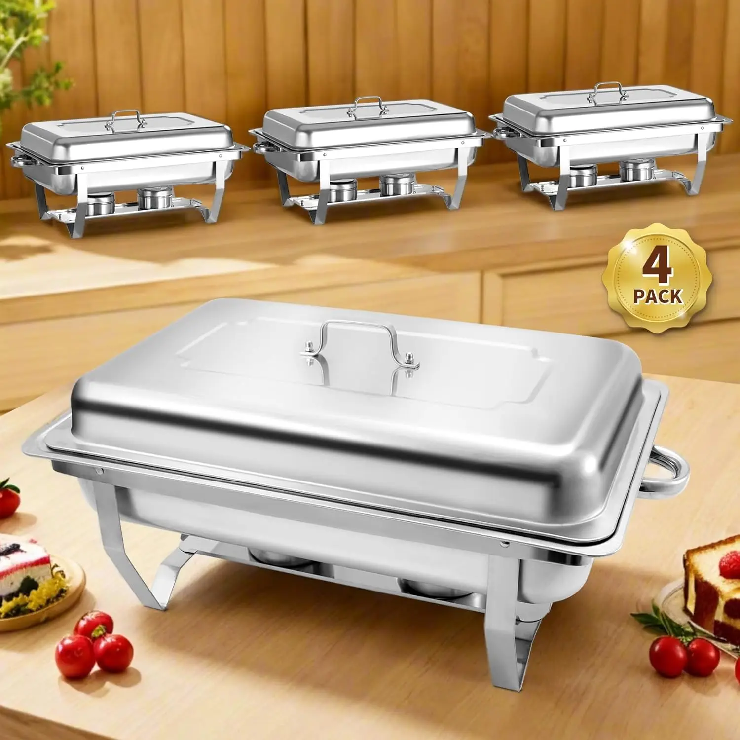 

8 Qt 4 Pack Full Size Stainless Steel Chafing Dishes Buffet Set Silver Rectangular Catering Chafer Warmer Set with Trays Pan