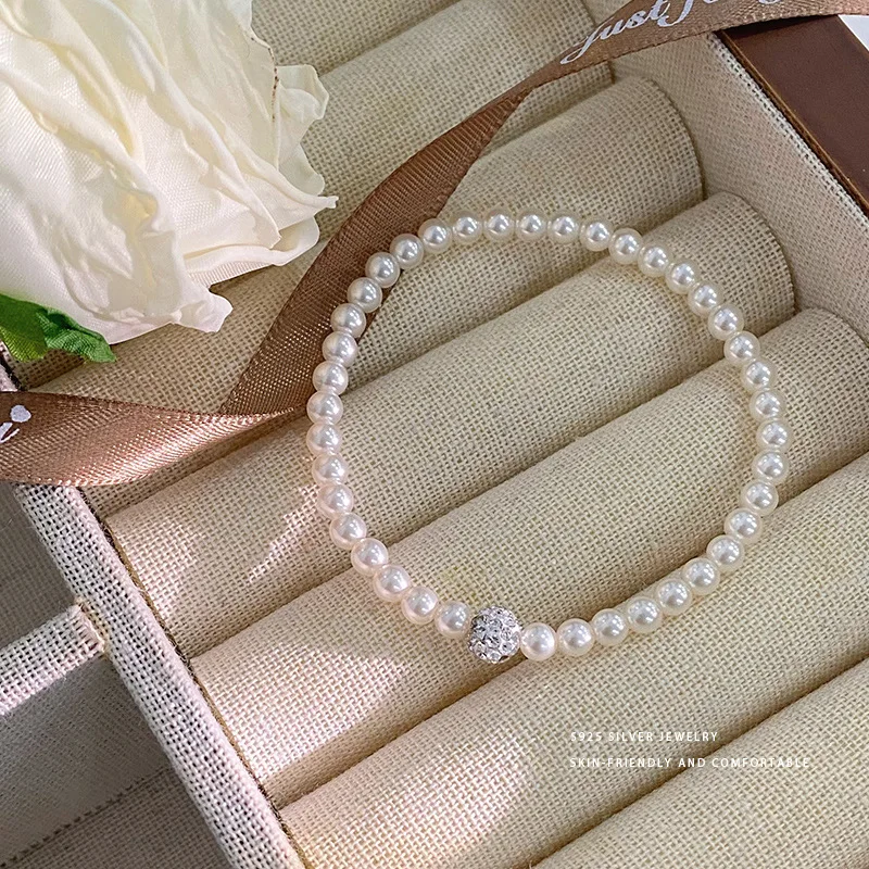 Silver Bracelet For Women Zircon Round Pearl Bracelet Bungee Cord Silver 925 Jewelry Fashion Chain Bracelets Female Girls