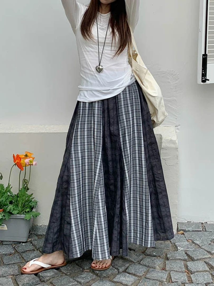 

High Elastic Waist Gray Plaid Spliced Vintage A-line Half-body Skirt Women Fashion Tide New Spring Autumn 2025