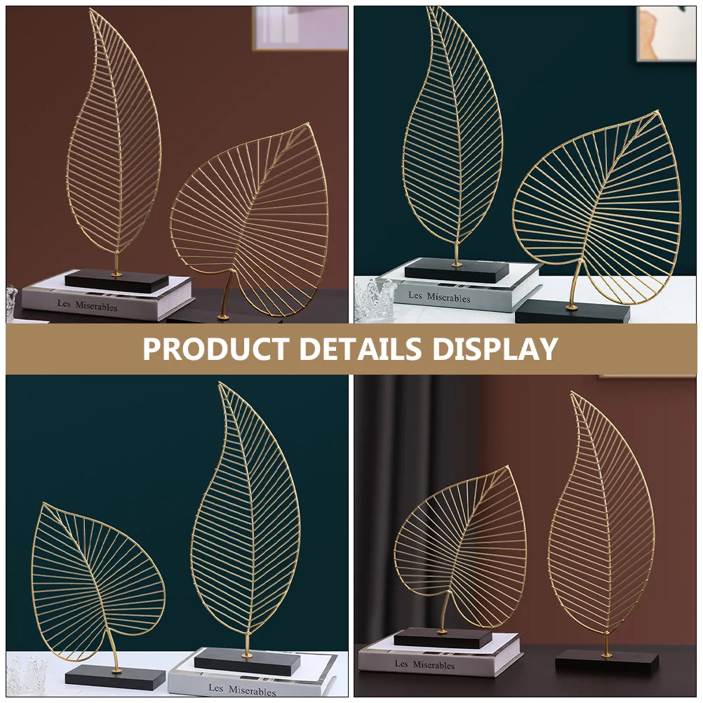 

Iron Craft Plant Decor Leaf Adornment Desktop nament Wrought Iron Gold Statue Mini Wooden Base Durability Practical Creative