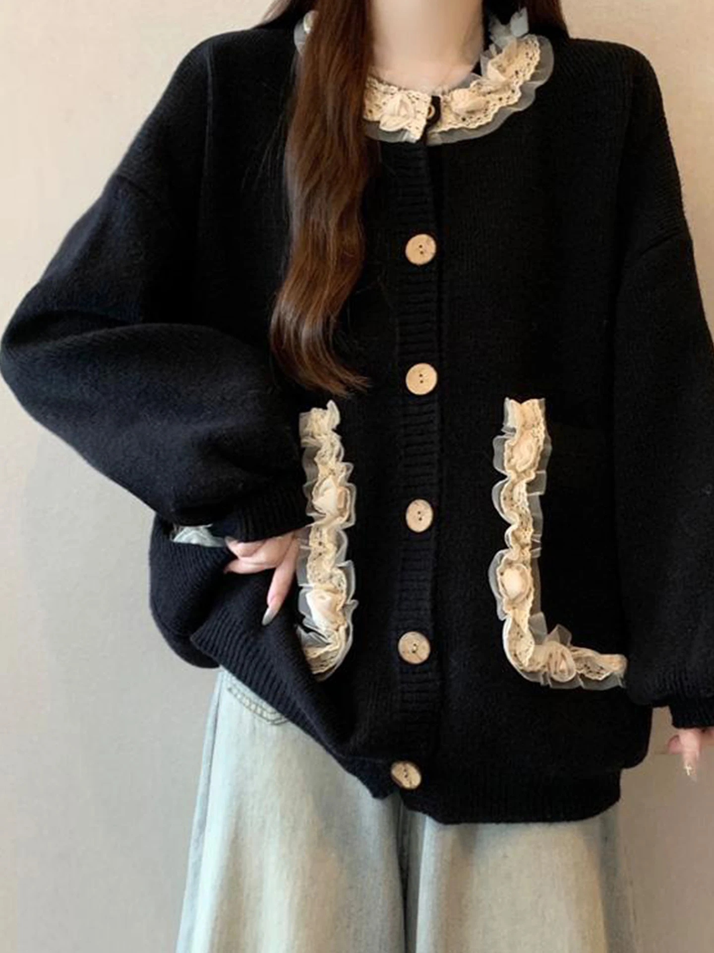 

Элегантный черный вязаный кардиган с кружевом для женщин, осенне-зимний, больших размеров, красивый свитер-жакет свободного кроя с длинными рукавами и круглым вырезом