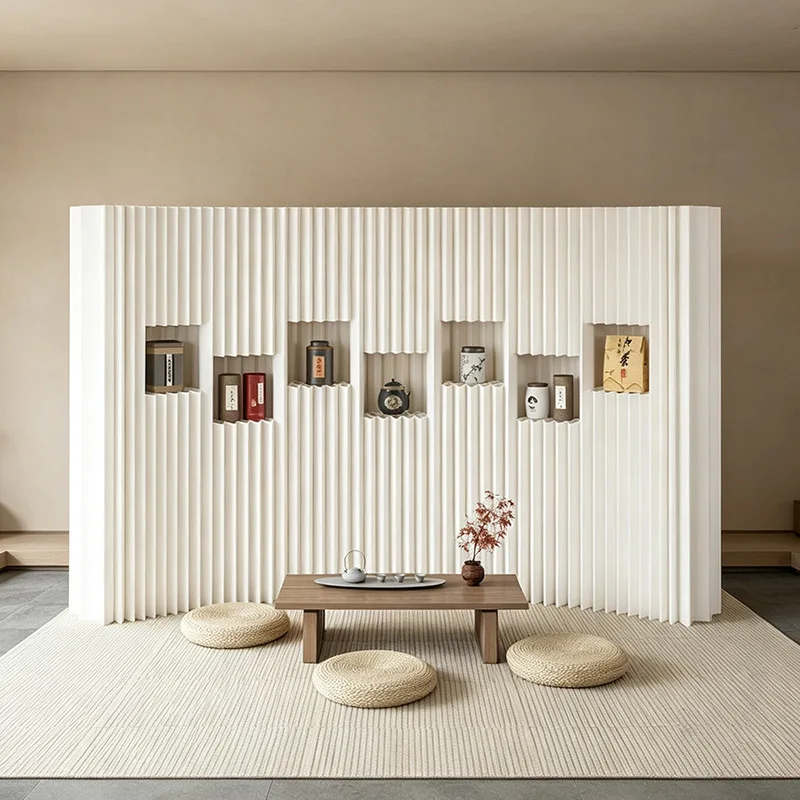 Folding Waterproof Paper Screen Room Divider with Storage Shelf for Room Privacy Wall No Drilling