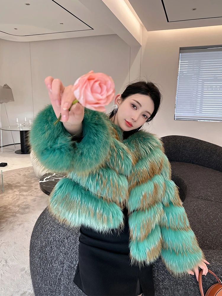 Short Fox Fur Coat for Women Fake Plush Jacket Thick Overcoat Warm Artificial Fur Coat, Eco-coat Gradient Clothes Winter