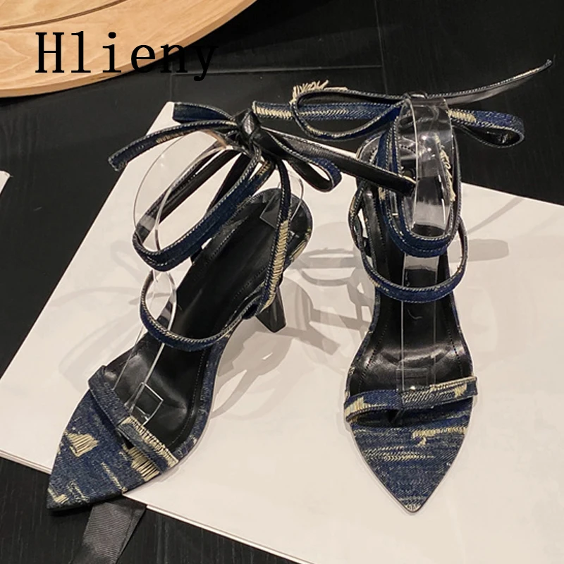 Hlieny Sexy Pointed Toe Women Lace-up Sandals Fashion Denim Ankle Strap Summer Gladiator Party Stripper Thin High Heels Shoes