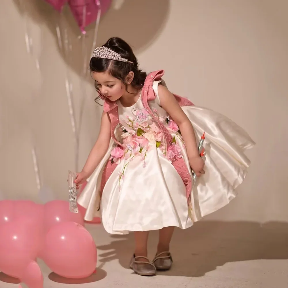 Maßgeschneidertes 3D-Blumenstickerei-Blumenmädchenkleid, ärmelloses Hochzeits-Festkleid für Kinder, Mädchen, Geburtstagsfeier, formelle besondere Anlässe