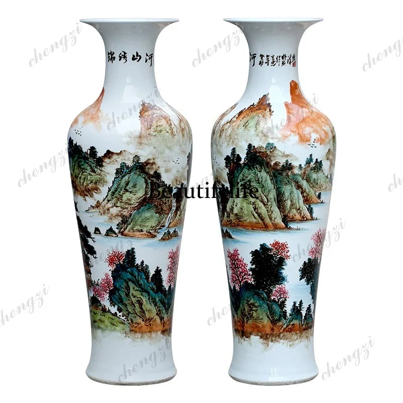 Ceramics hand-painted floor-to-ceiling large vase landscape painting porcelain vase living room large ornament
