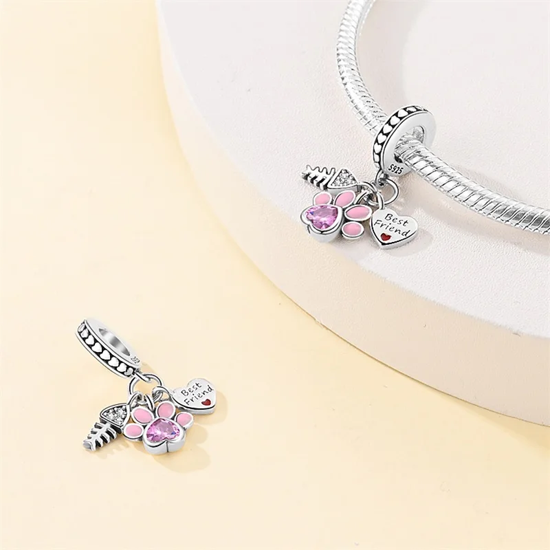 100% 925 Sterling Silver Cute Cat\'s Paw Dog Animal Pets Charms Beads Fit 3mm 925 Original Bracelet Fine DIY Birthday Jewelry