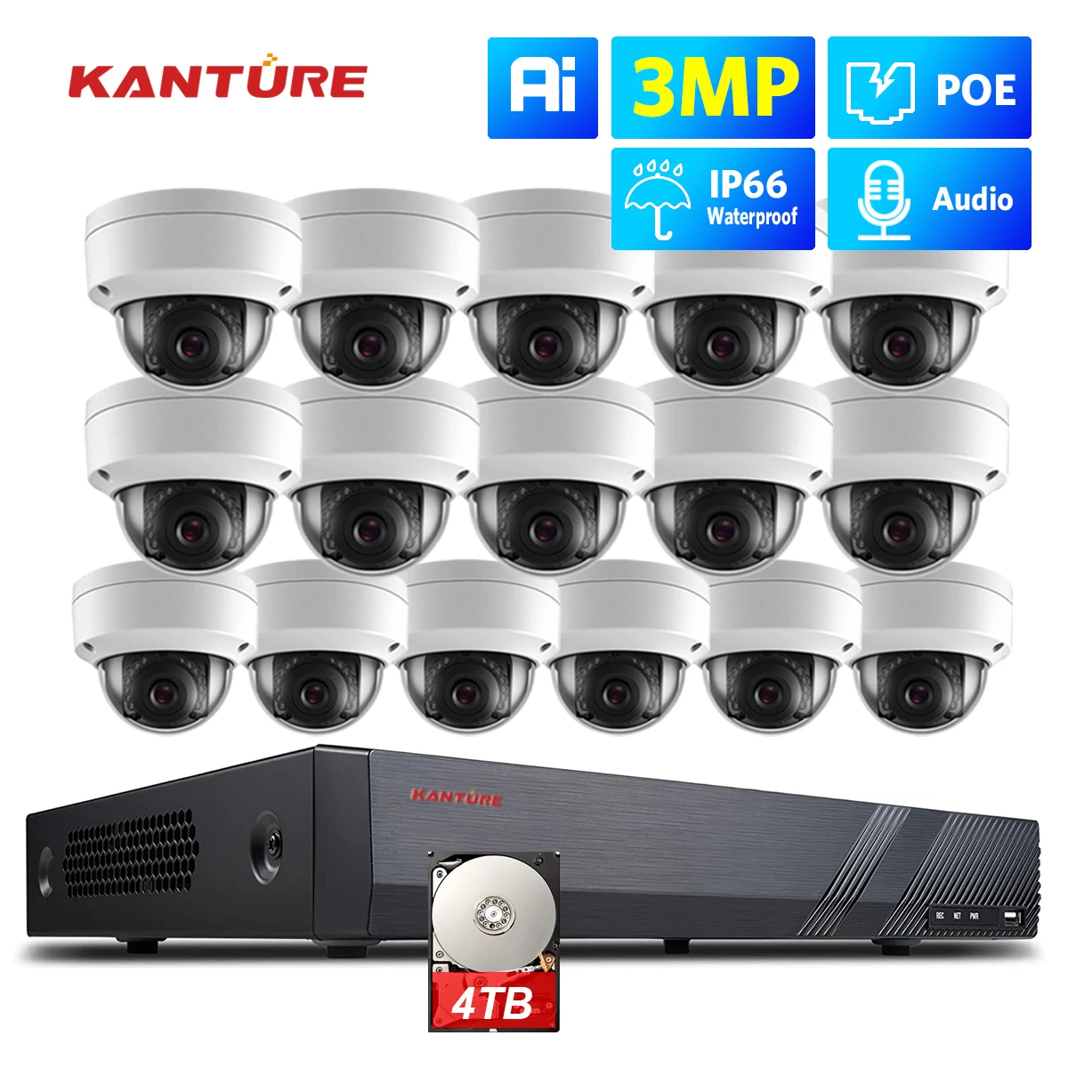 KANTURE H.265 16CH CCTV NVR Kit 3MP Ai Human Detection POE Security Camera System Indoor Outdoor Waterproof Audio Camera Kit