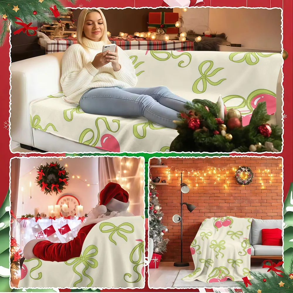 Cherry Bow Print Winter Summer Flannel Blanket Throw Fleece Soft Fuzzy Plush Cozy Fleece Blankets for Sofa Ideal Gifts
