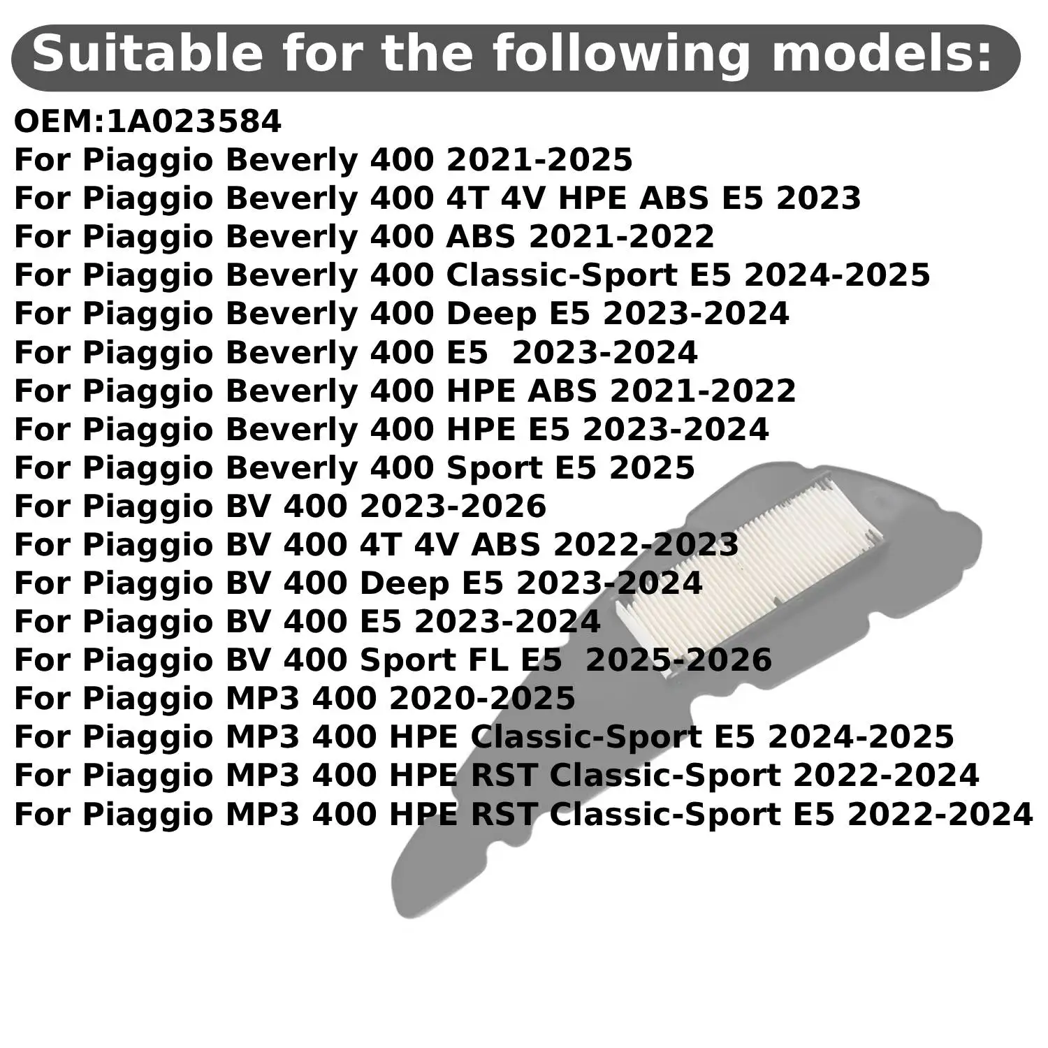 For Piaggio 400 Beverly / BV / MP3 400 HPE Classic-Sport 2022 2023 2024 2025 Air Cleaner Element Intake Air Filter OEM:1A023584
