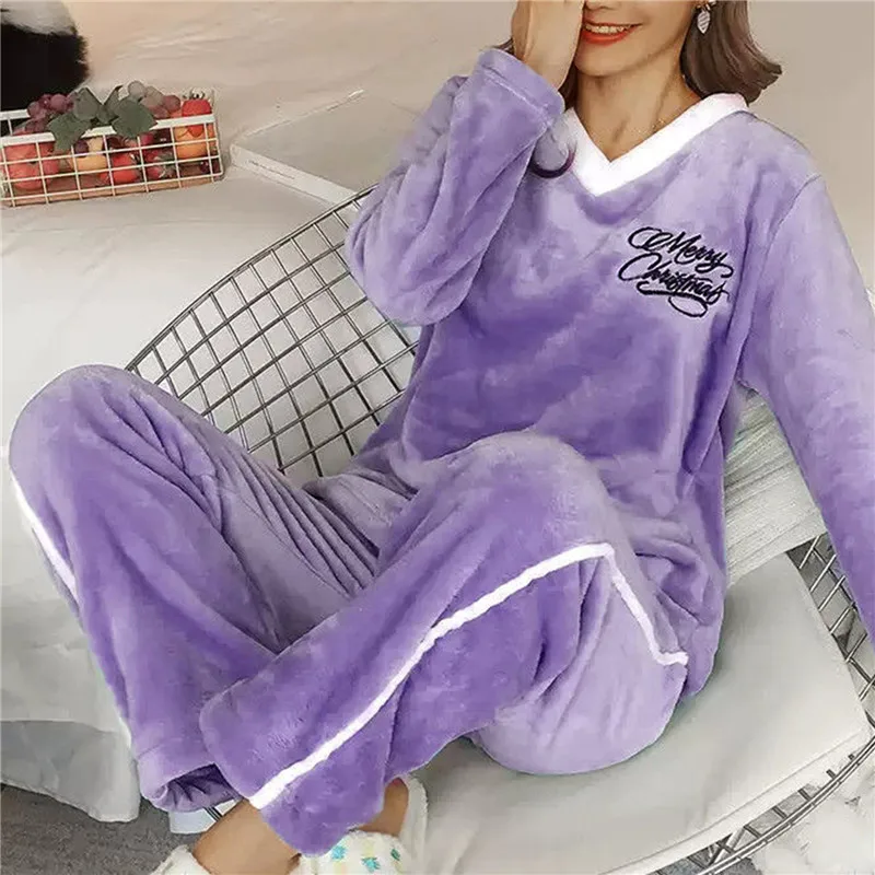 Autumn Winter Women Pajamas Setwarm Thicken Flannel 2pcs Pajamas Suit Tops+Pants Sweet Letter Print Leisure Homewear Sleepwear