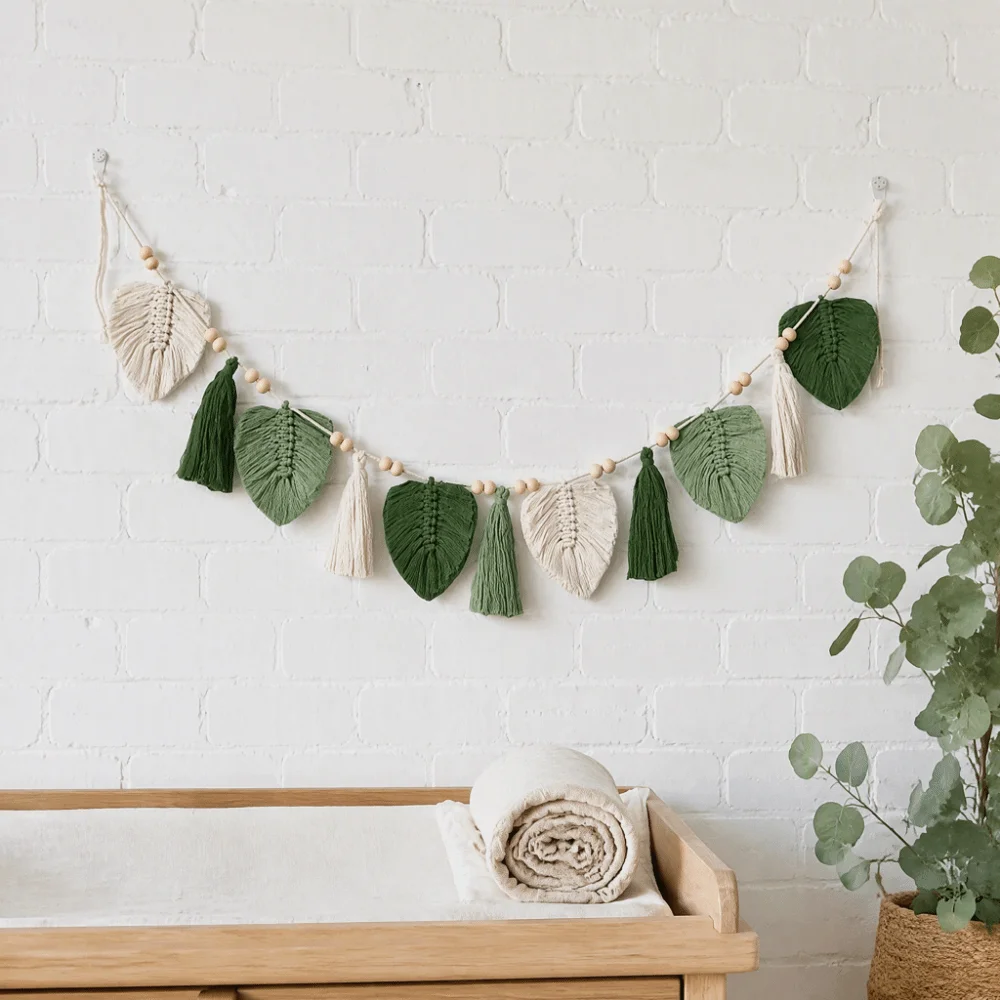 Nordic 150cm Wall Hanging Garland Leaves Wooden Beads Woven Tapestry Yarn Tassels Green Wall Hanging Pendant Livingroom