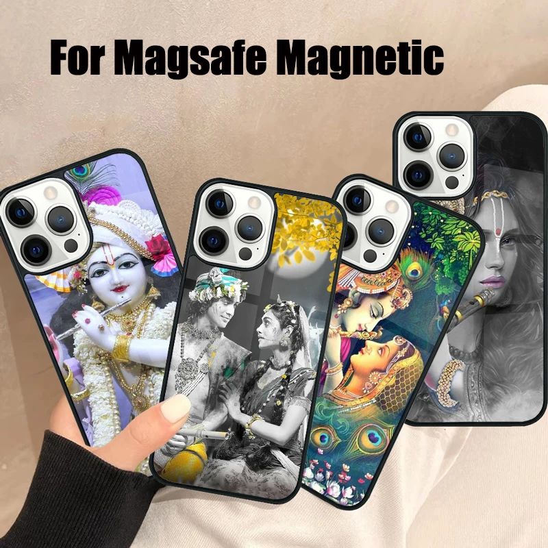 Lord Krishna Radha Magsafe Phone Case For iPhone 16 15 14 13 12 11 Pro Max Plus Mirror Wireless Magnetic Cover