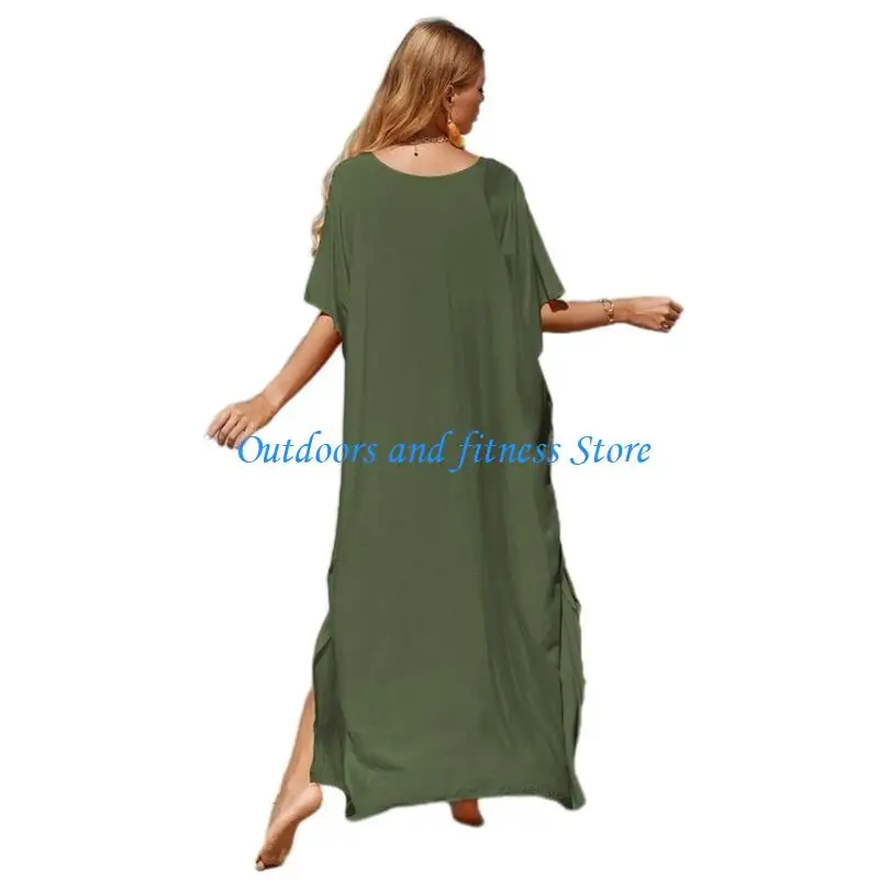 

H053 Women Beach Coverup Kaftan Dress Short Sleeve Bathing Suit Coverup Dress