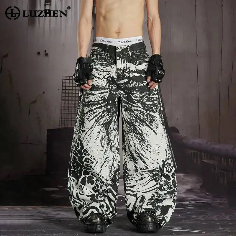 LUZHEN 2026 New Fashion Personalized Ink Ejection Leopard Print Wide Leg Casual Jeans Men's Handsome Street Denim Pants JY7522