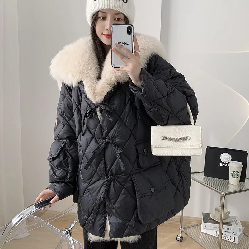 Piumino con collo in pelliccia volpe invernale da donna medio e lungo Casual allentato con reticolo di diamanti frenulo capispalla in vera pelliccia oversize