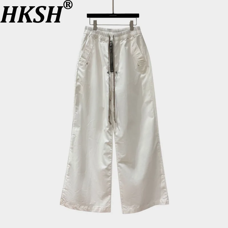 

HKSH Autumn New Women White Wide Leg Pants Drawstring Elastic Waist Pockets Zipper Decoration High Street Elegant Casual HK11018