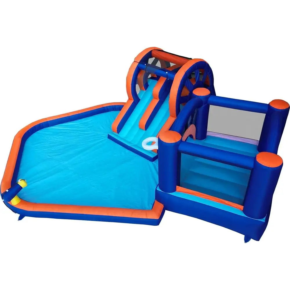 شرائح مائية قابلة للاستخدام في الفناء الخلفي للأطفال، منزل بارك مائي مع حوض سباحة كبير، جدار تسلق، منفاخ هواء
