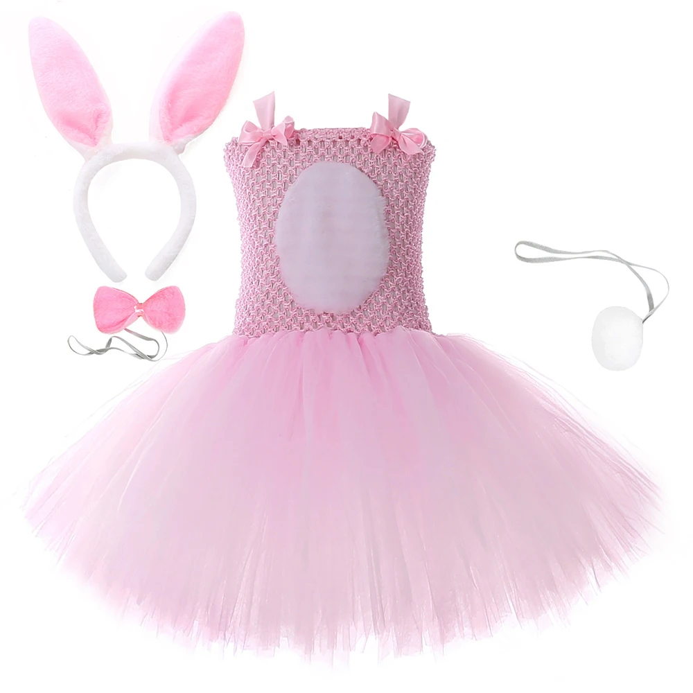 Pink Flower Bunny Costumes for Girls Easter Holiday Ballet Tutu Dress with Ears Bowtie Tail Kids Rabbit Clothes Animal Outfit