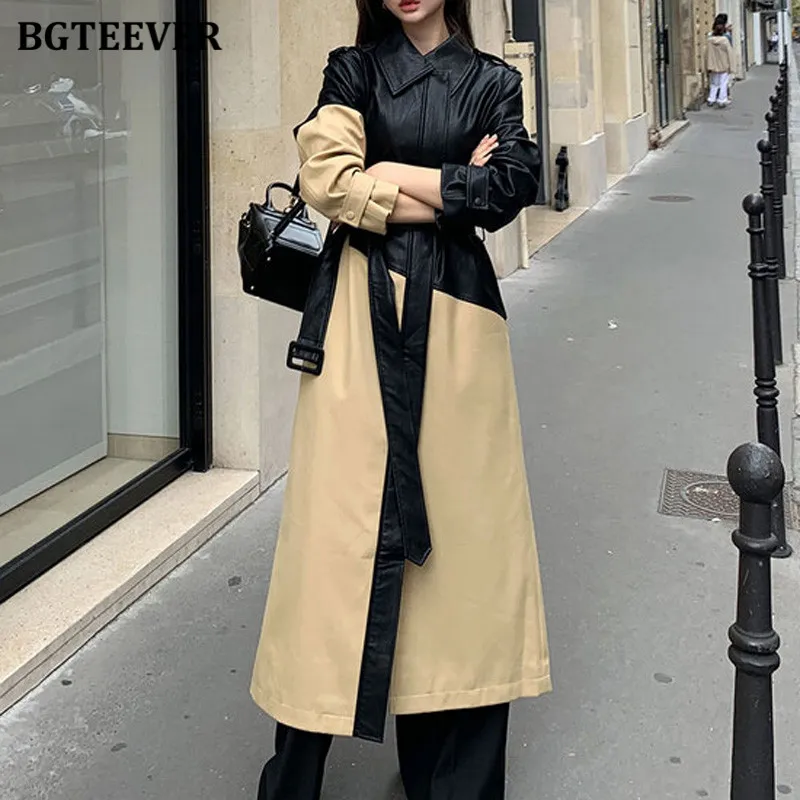 

BGTEEVER Stylish Patchwork Women PU Leather Windbreaker Winter Long Sleeve Loose Lace-up Long Trench Coats for Women