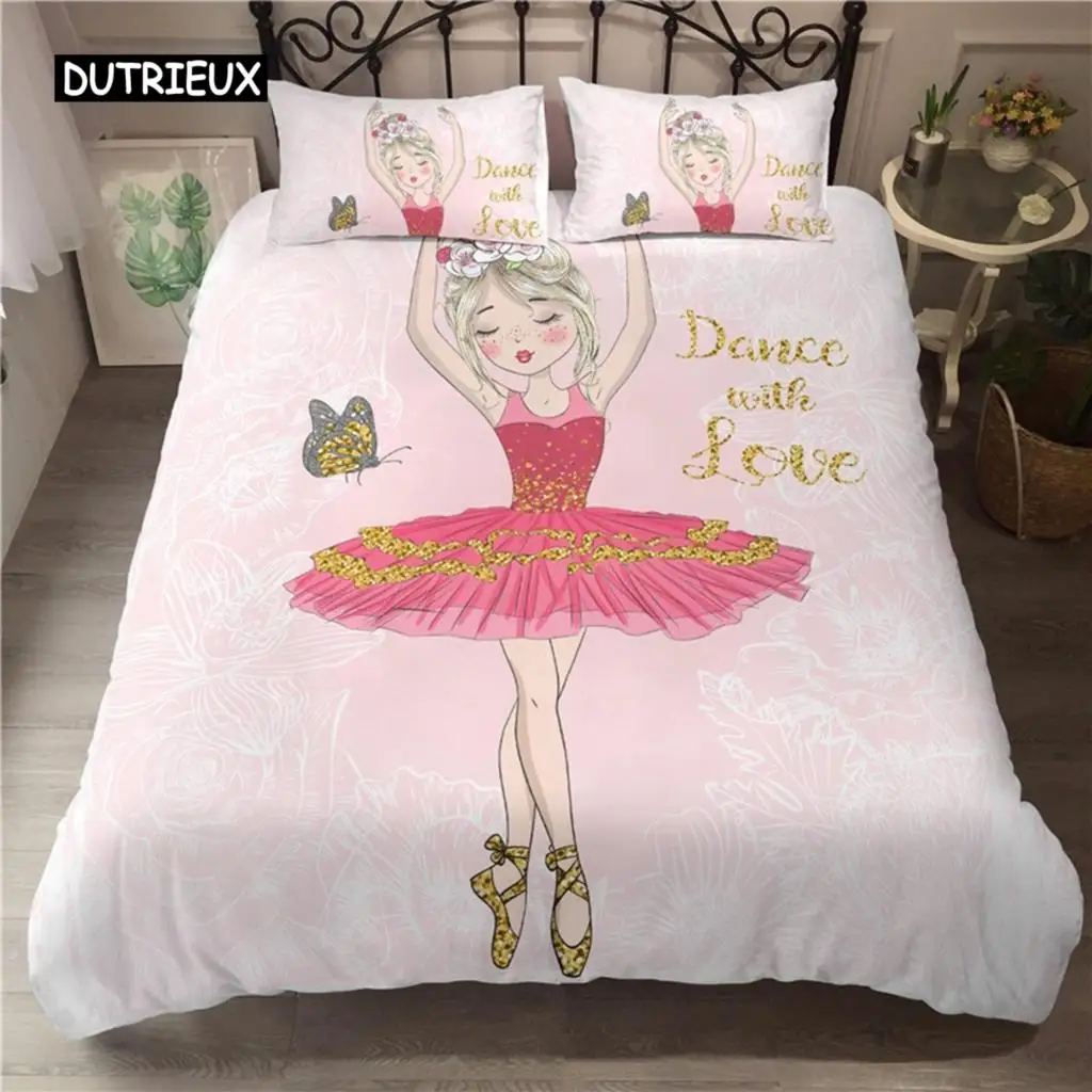 

Ballet Dancing Girl Duvet Cover Set Cartoon Ballerinas Girl Bedding Set for Kids Teens Microfiber Double Queen King Quilt Cover