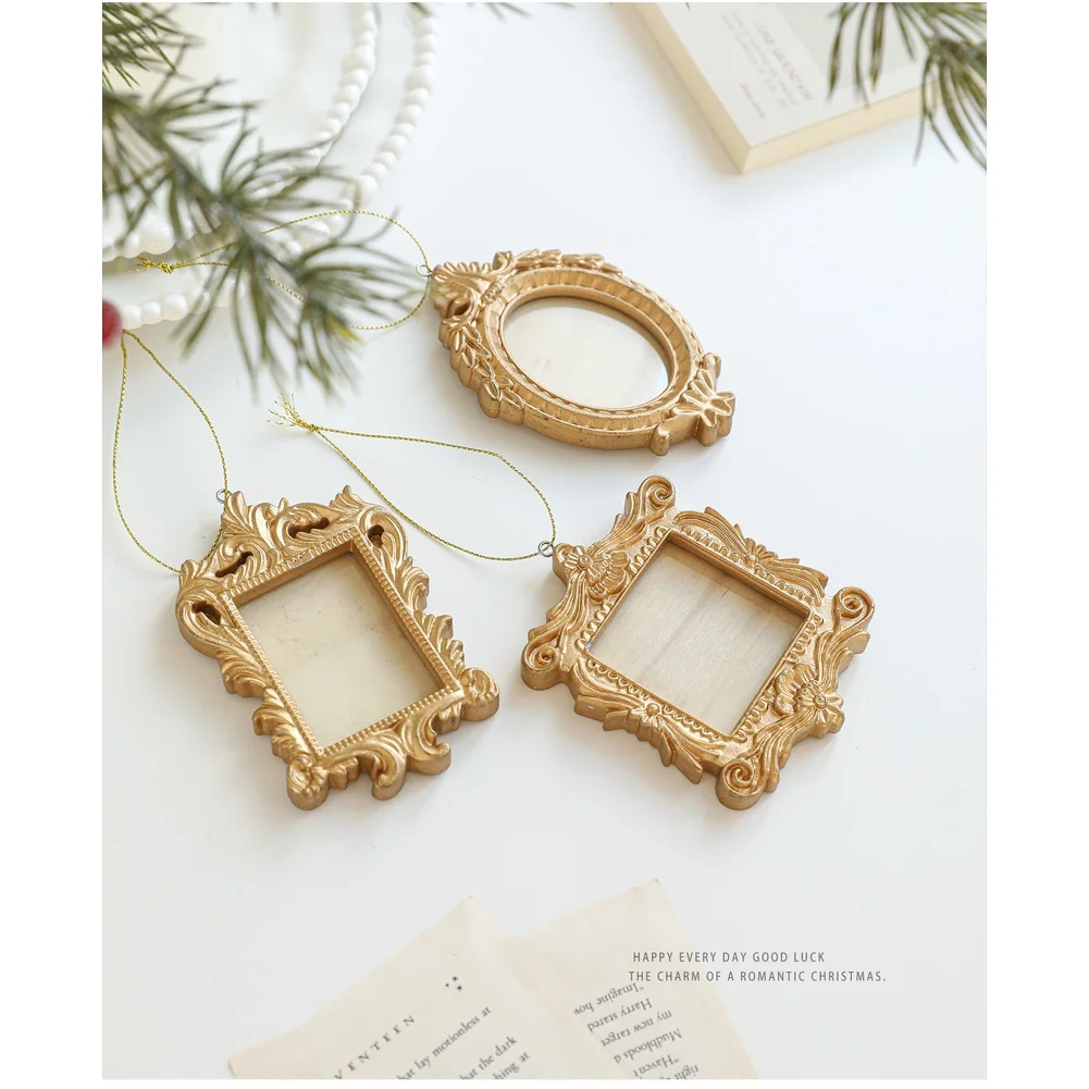 Juego de marcos de fotos en miniatura para decoración navideña, formas barrocas y ovaladas, adornos de árbol de Navidad de resina dorada para el hogar y el jardín