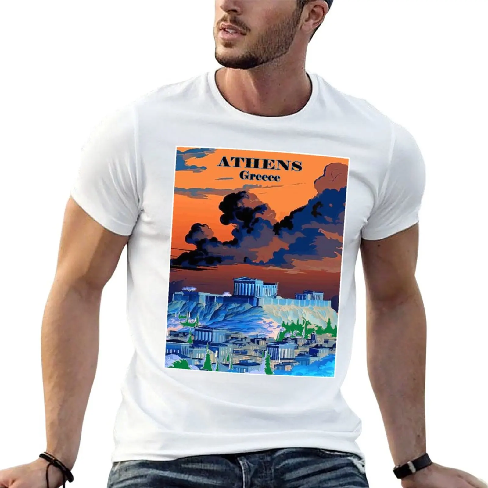 Athens Greece :Travel and Tourism Abstract Advertising Print T-Shirt Casual Soft Cotton Short Sleeve Tee