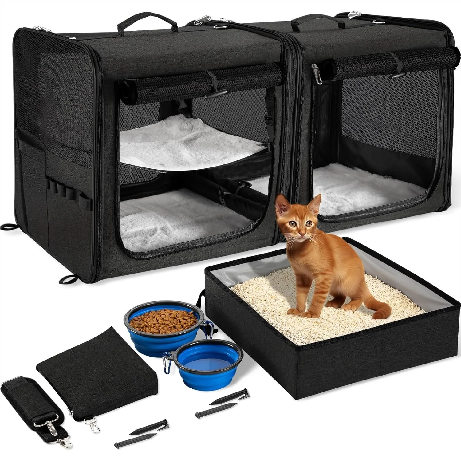 

Large Cat Carrier for 2 Cats with Zipper Locks, Double Travel Carrier with Litter Box, Soft Pet Carrier for Cats & Small Dogs Up