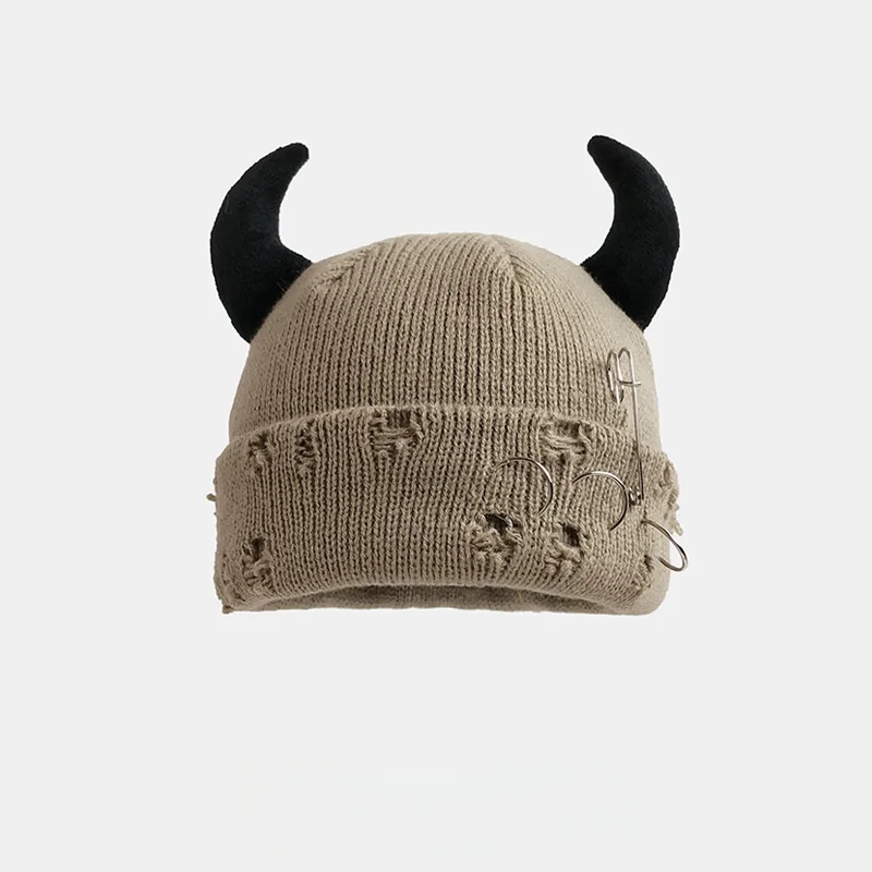 Neue Unisex Strickmütze mit Teufelshörnern Halloween Distressed Skull Cap Hip Hop Winter Warme Garnmütze für Männer Frauen – Detail 8