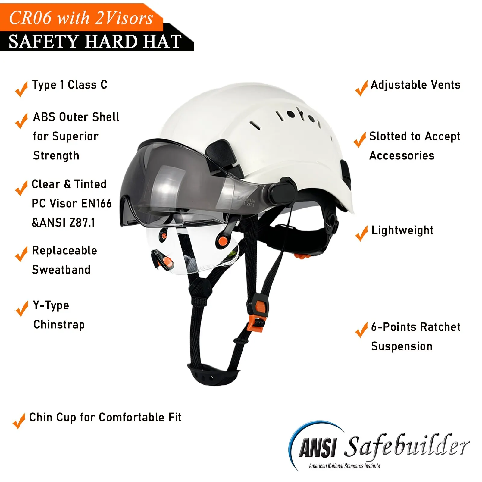 CE Safety Helmet Hard Hat with Visor Clear & Tinted Adjustable Vented ABS Work Helmet 6-Point Suspension ANSI Z89.1 Approved