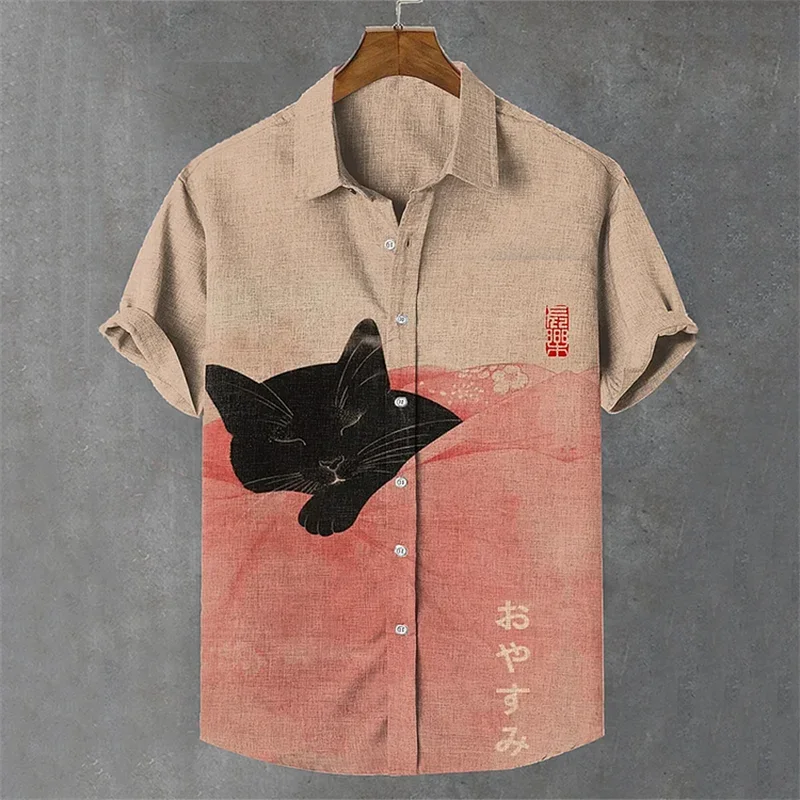 Men Short Sleeve Button Shirt, Ukiyo-e Black Cat Fishing Koi Wave All Over Print, Lightweight, Summer Casual Hawaiian Beachwear