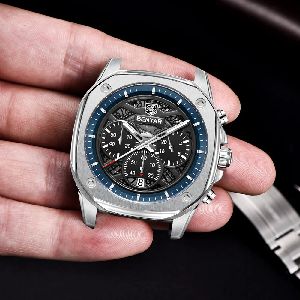 

2025 New BENYAR Sports Fashion Watch Luxury Quartz Movement Watch Square Retro Leather Luminous Multifunctional Watches for Man