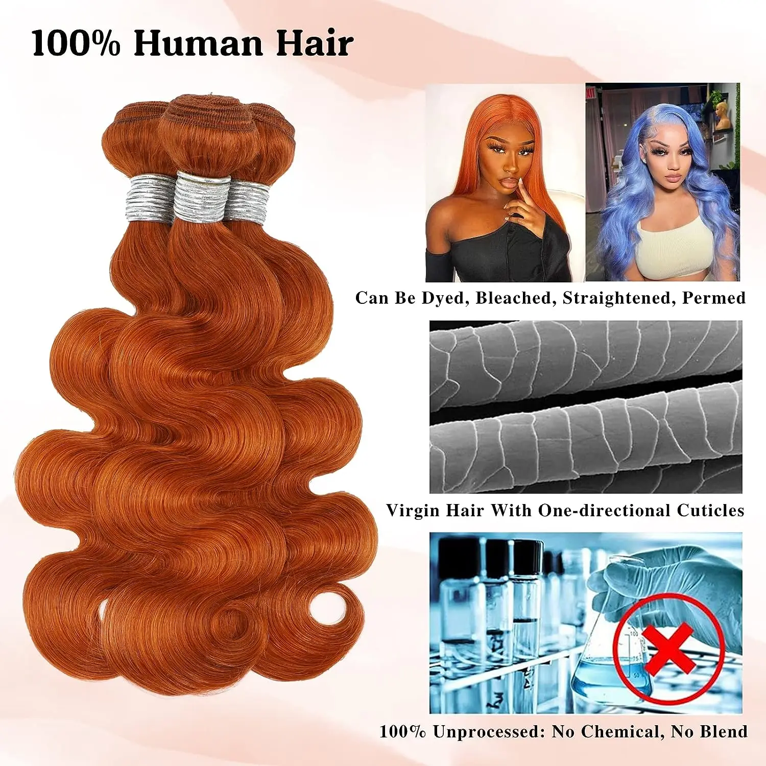 Pacotes brasileiros da onda do corpo do cabelo humano, Weave, Virgin não processado, extensões macias do cabelo, cor alaranjada cobre, gengibre alaranjado