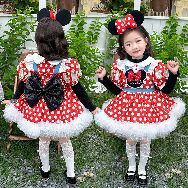 Lolita Dress Girls Autumn Winter Children'S Western-Style Polka-Dot Dress Performance Dress Princess Cos Minnie Dress Girl Gift