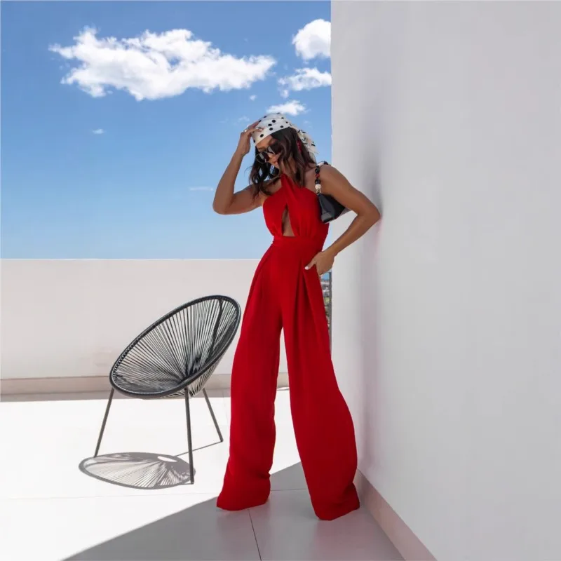 Sexy Solid Sleeveless Jumpsuit Spring Summer Fashion Commuter Women's Elegant Lapel Halter Neck Folds Wide Leg Trousers Jumpsuit