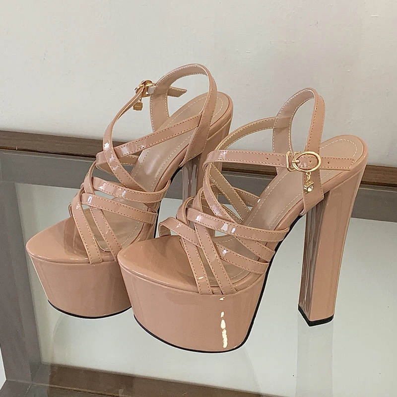 

Aneikeh 2026 Summer Fashion Chunky Platform Buckle Strap Narrow Band Square High Heels Woman Sandals Stripper Shoes